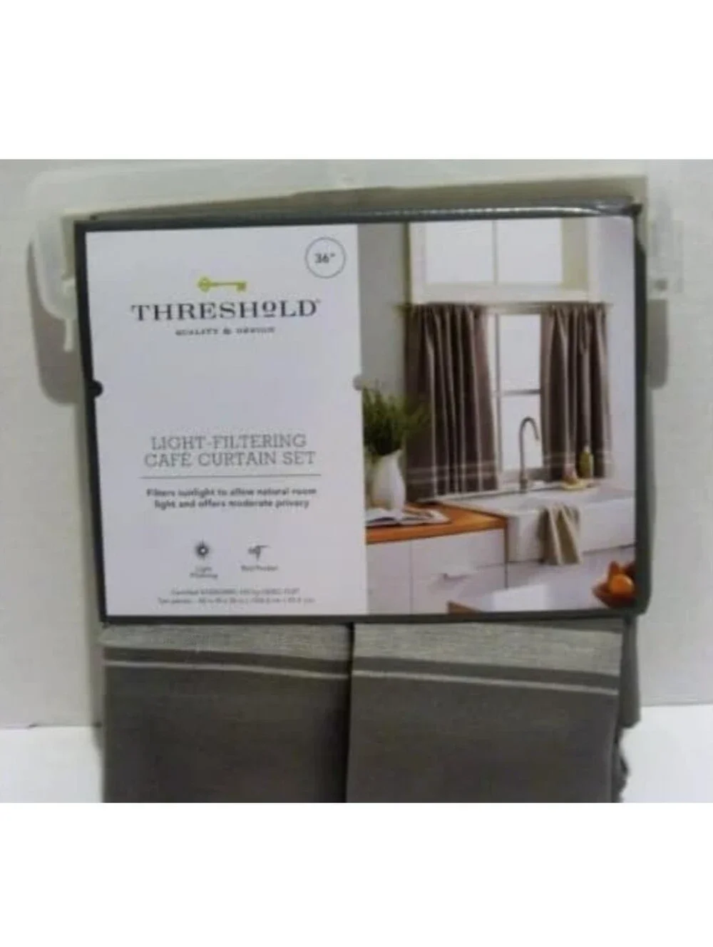 Threshold Light Filtering Cafe Curtain 42inch×36inch Gray w/Cream Stripe - (Set